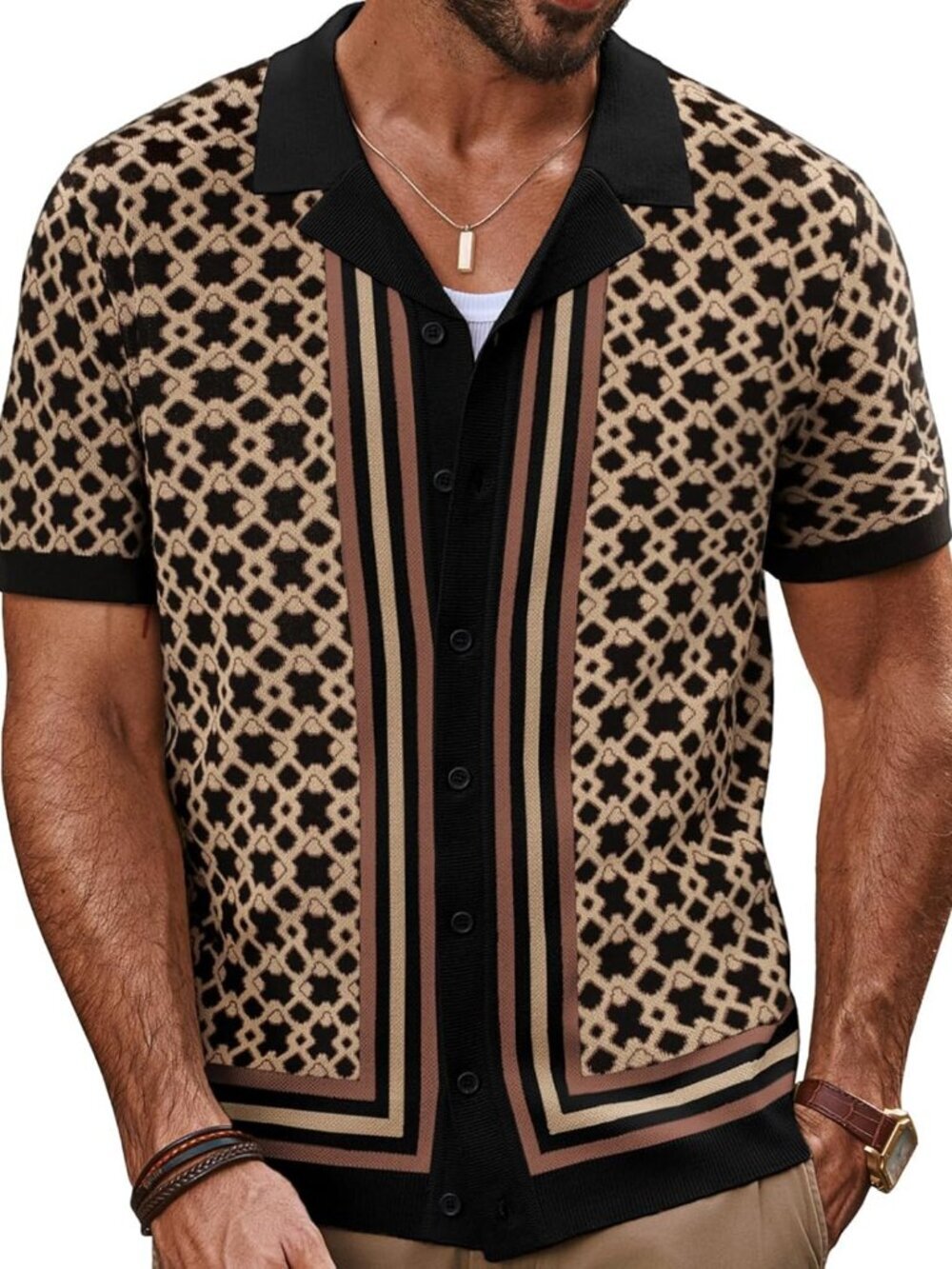 Men's Camel Vintage Cuban Collar Knit Polo Shirt Button Down Shirt